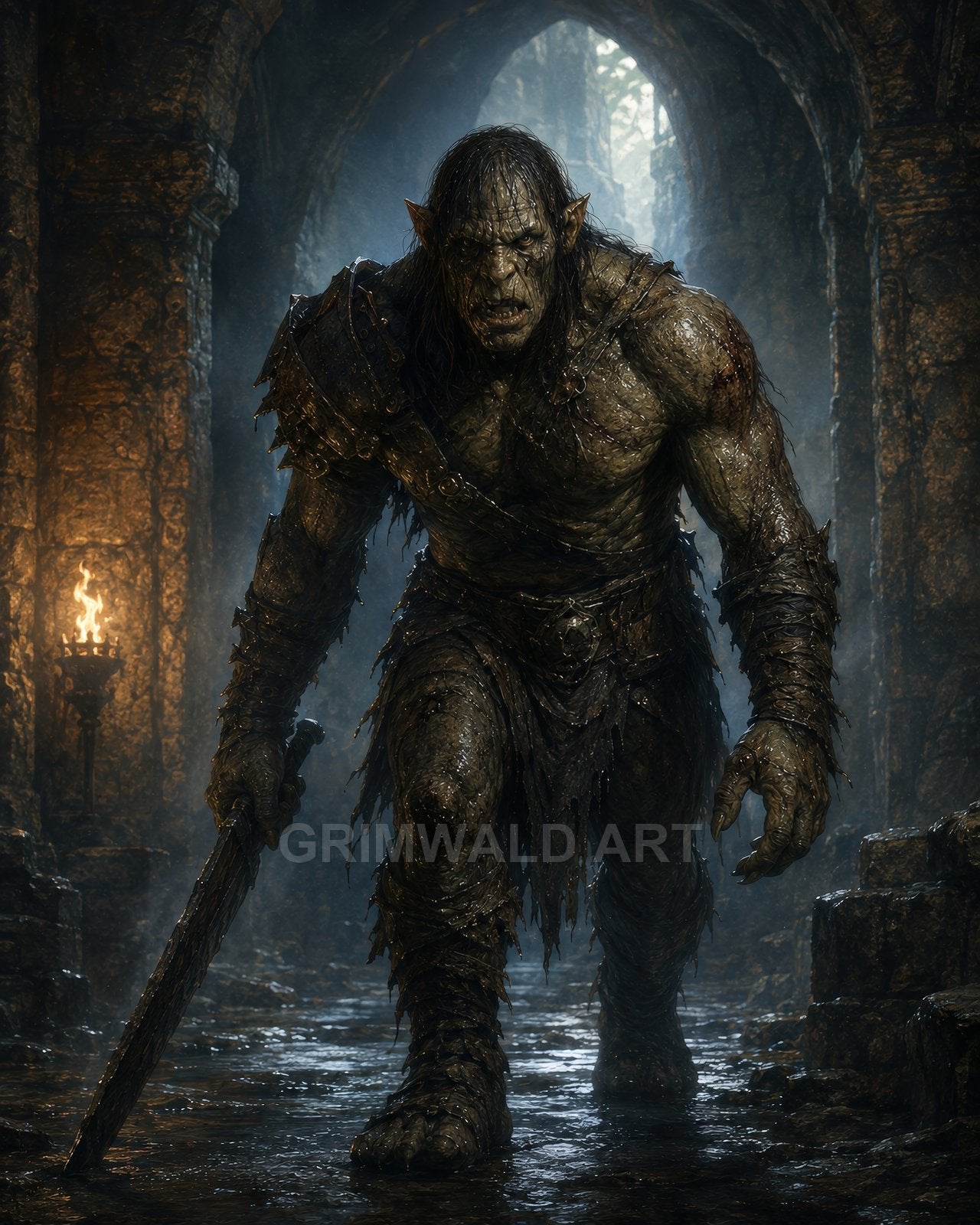 A hulking orc warrior strides through a dark, wet stone dungeon, torchlight flickering behind, wielding a crude sword and wearing battered armour.