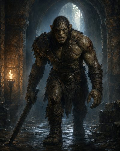 GRID THUMBNAIL — A hulking orc warrior strides through a dark, wet stone dungeon, torchlight flickering behind, wielding a crude sword and wearing battered armour.