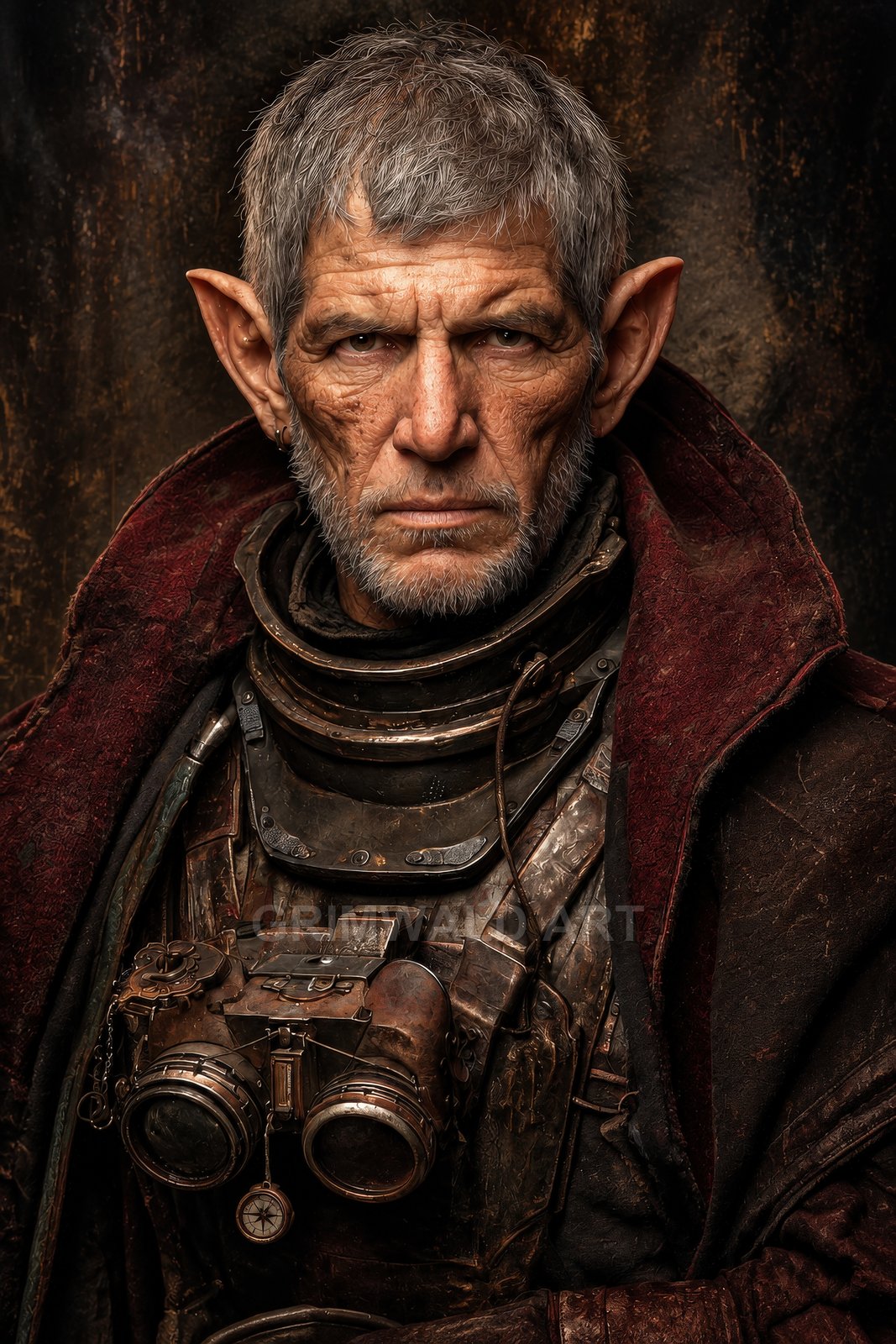 Portrait of a grizzled male elf in battered steampunk armour and cloak, brass goggles hanging on his chest, against a dark textured backdrop.
