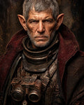 GRID THUMBNAIL — Portrait of a grizzled male elf in battered steampunk armour and cloak, brass goggles hanging on his chest, against a dark textured backdrop.