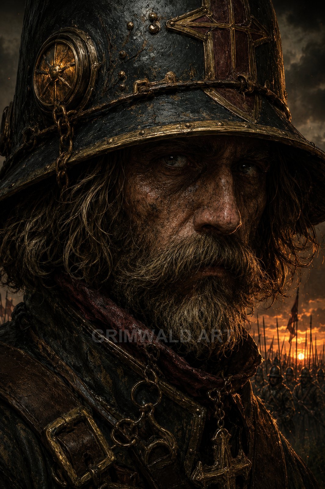 Close portrait of a weathered bearded knight in dark armour and heavy helm with cross emblem, soldiers and sunset sky behind.