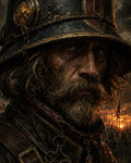 GRID THUMBNAIL — Close portrait of a weathered bearded knight in dark armour and heavy helm with cross emblem, soldiers and sunset sky behind.