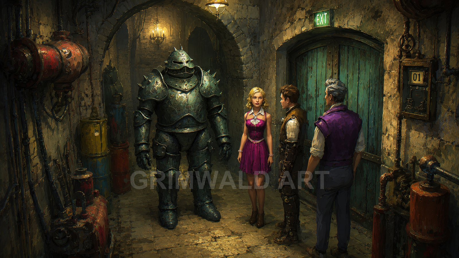 Steampunk dungeon corridor with hulking armoured automaton beside three people near a teal wooden door under an exit sign, lit by warm lamps.