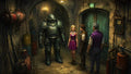 GRID THUMBNAIL — Steampunk dungeon corridor with hulking armoured automaton beside three people near a teal wooden door under an exit sign, lit by warm lamps.
