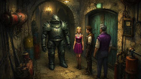 GRID THUMBNAIL — Steampunk dungeon corridor with hulking armoured automaton beside three people near a teal wooden door under an exit sign, lit by warm lamps.