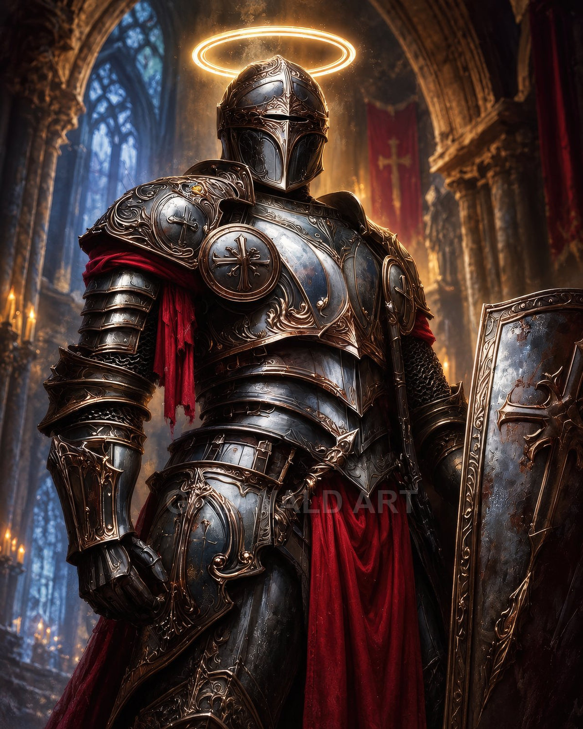 A towering paladin in ornate plate with a glowing halo stands inside a gothic cathedral, red cloth draped, holding a detailed shield by candlelight.