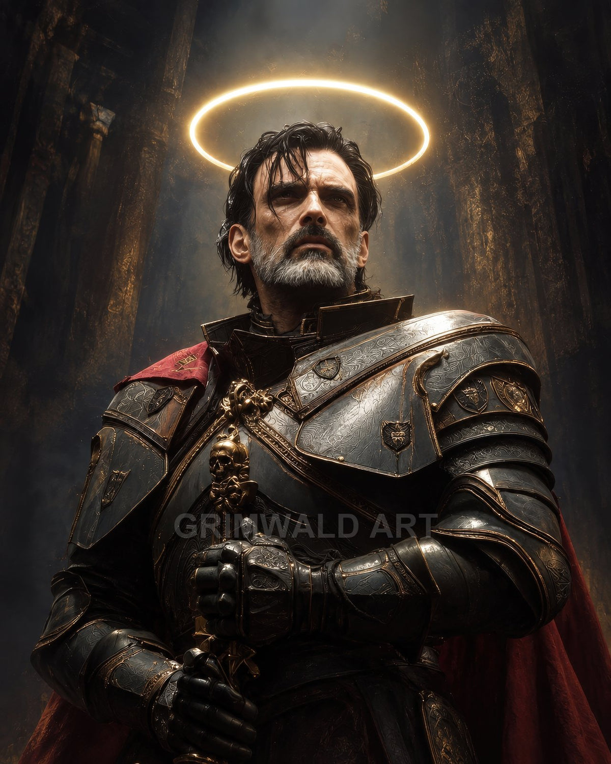 Armoured paladin with grey beard holds a sword beneath a glowing halo, standing in a dark cathedral interior with golden, engraved plate armour.