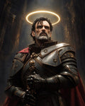 GRID THUMBNAIL — Armoured paladin with grey beard holds a sword beneath a glowing halo, standing in a dark cathedral interior with golden, engraved plate armour.