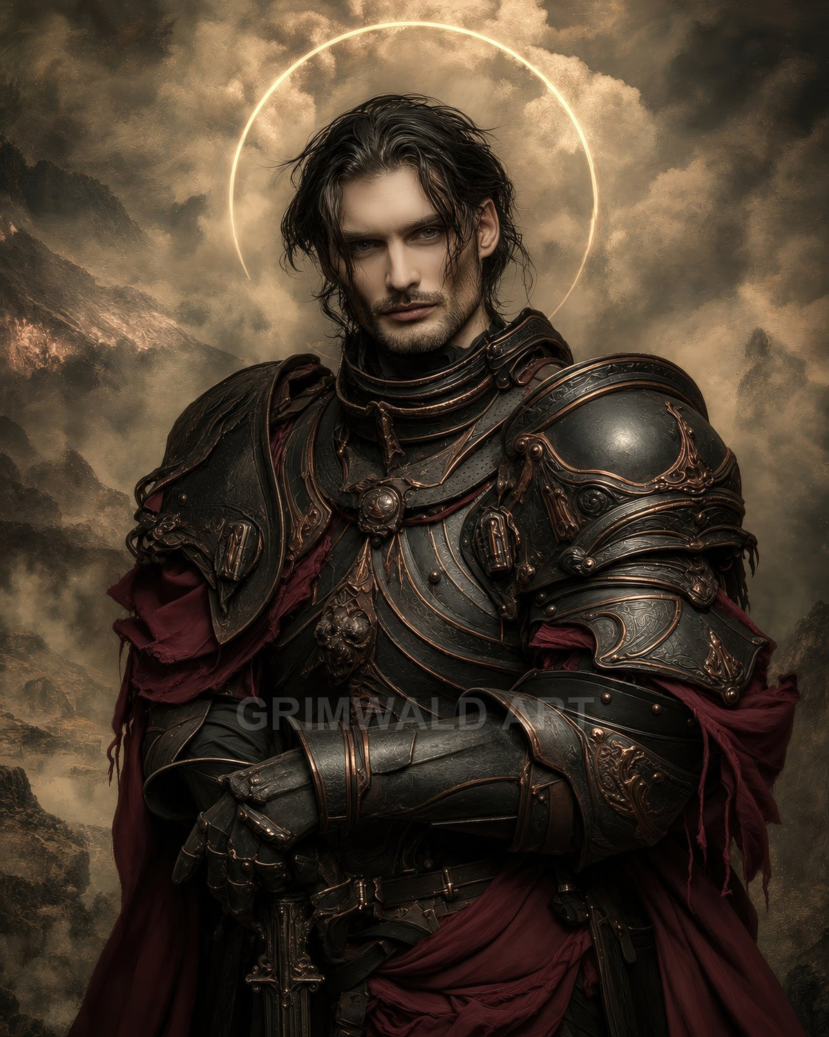 A male knight in ornate dark armour with crimson drapery stands before cloudy mountain backdrop, a golden halo behind his head, hands resting on sword.