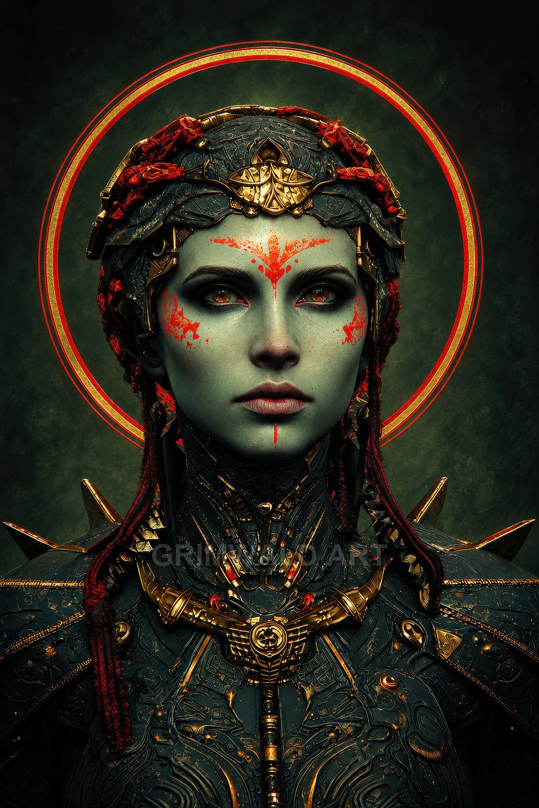 Close-up portrait of an armoured woman with teal skin and red warpaint, elaborate gold-detailed armour, braided cords, and a radiant circular halo.