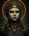 GRID THUMBNAIL — Close-up portrait of an armoured woman with teal skin and red warpaint, elaborate gold-detailed armour, braided cords, and a radiant circular halo.