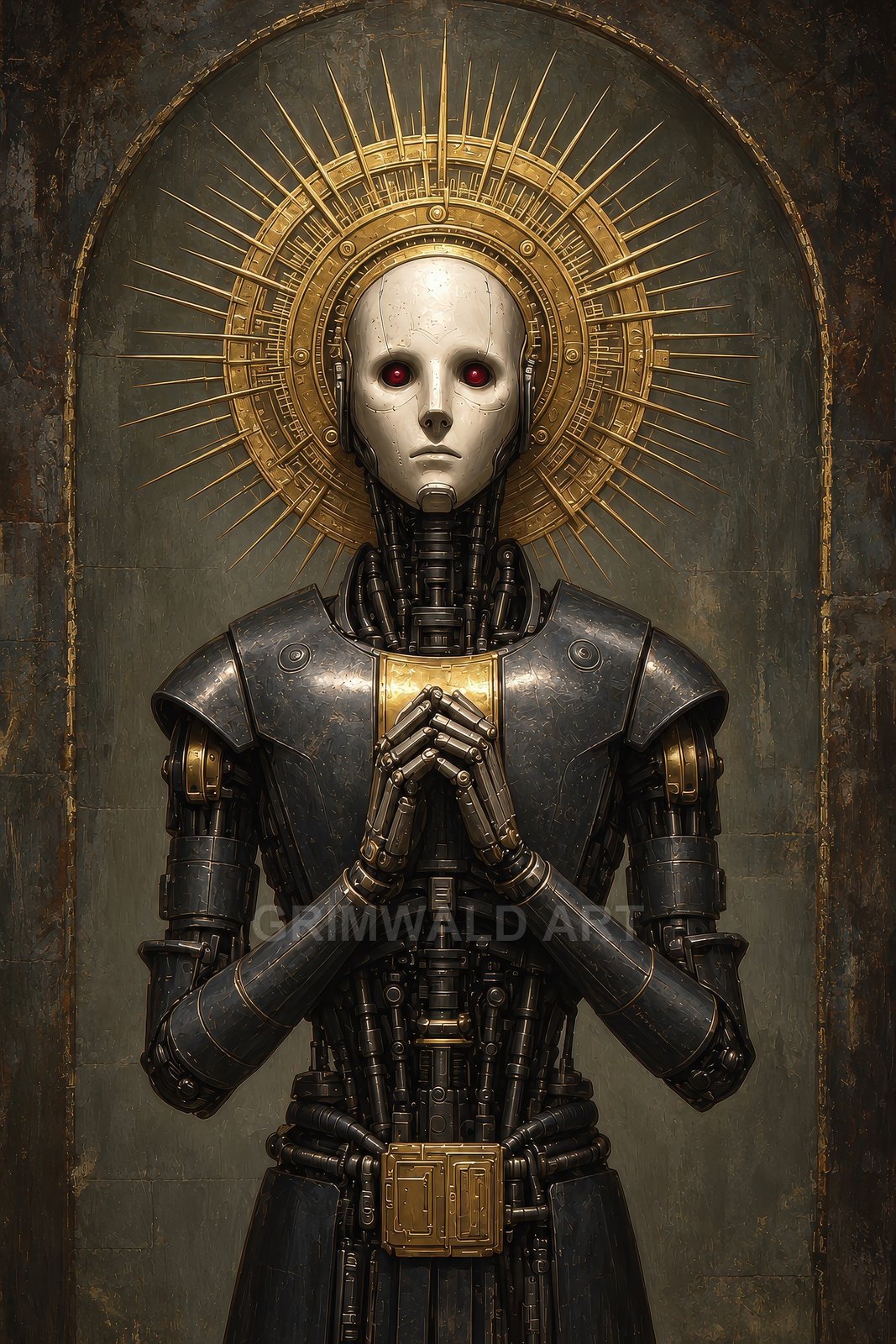 A solemn android with red eyes clasps its hands in prayer before a radiant golden halo, framed by a worn stone interior niche.