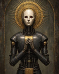 GRID THUMBNAIL — A solemn android with red eyes clasps its hands in prayer before a radiant golden halo, framed by a worn stone interior niche.