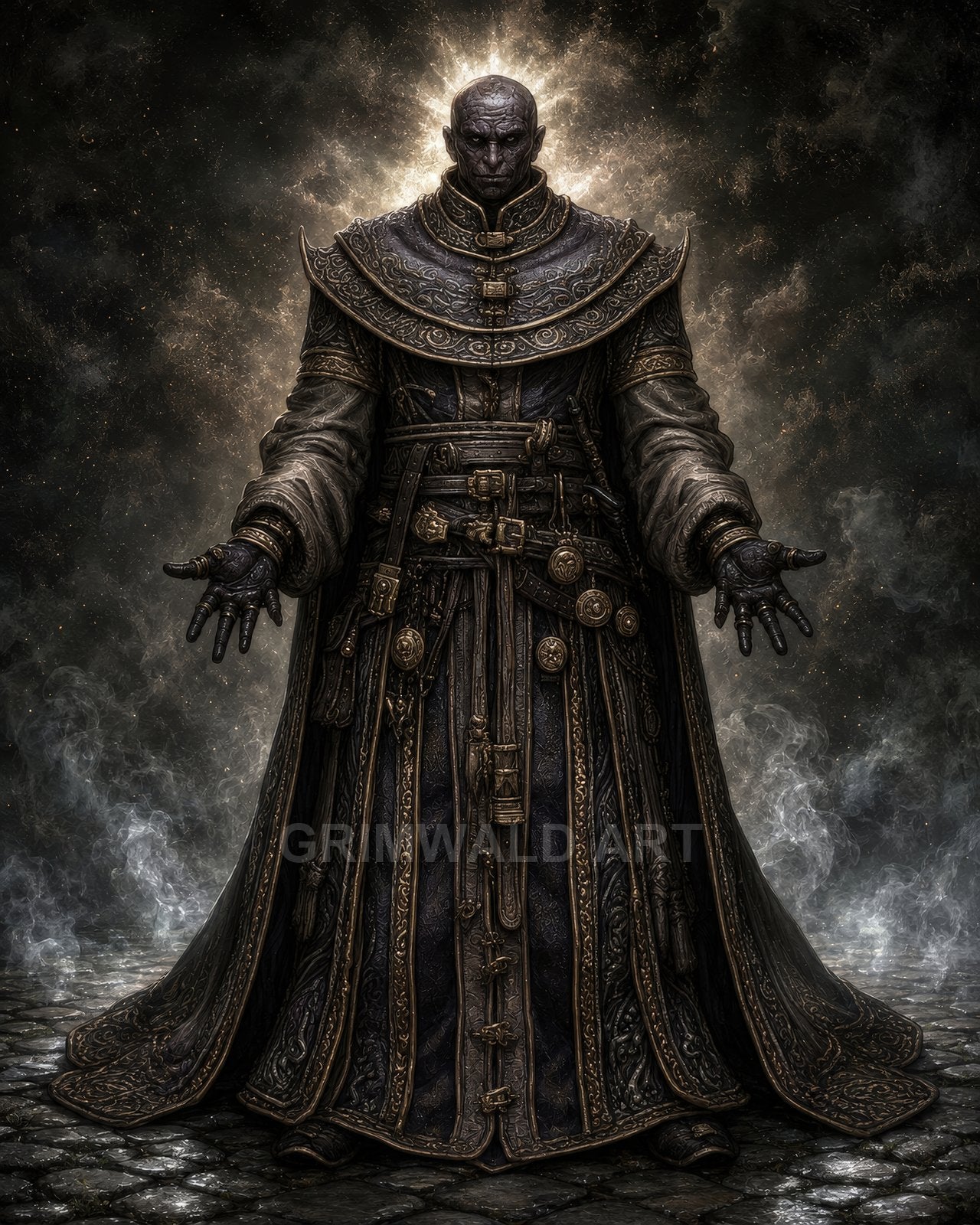 A robed priest stands on cobblestones at night, hands outstretched, ornate gold-trimmed garments and talismans gleaming as a radiant halo burns through drifting smoke.