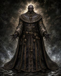 GRID THUMBNAIL — A robed priest stands on cobblestones at night, hands outstretched, ornate gold-trimmed garments and talismans gleaming as a radiant halo burns through drifting smoke.