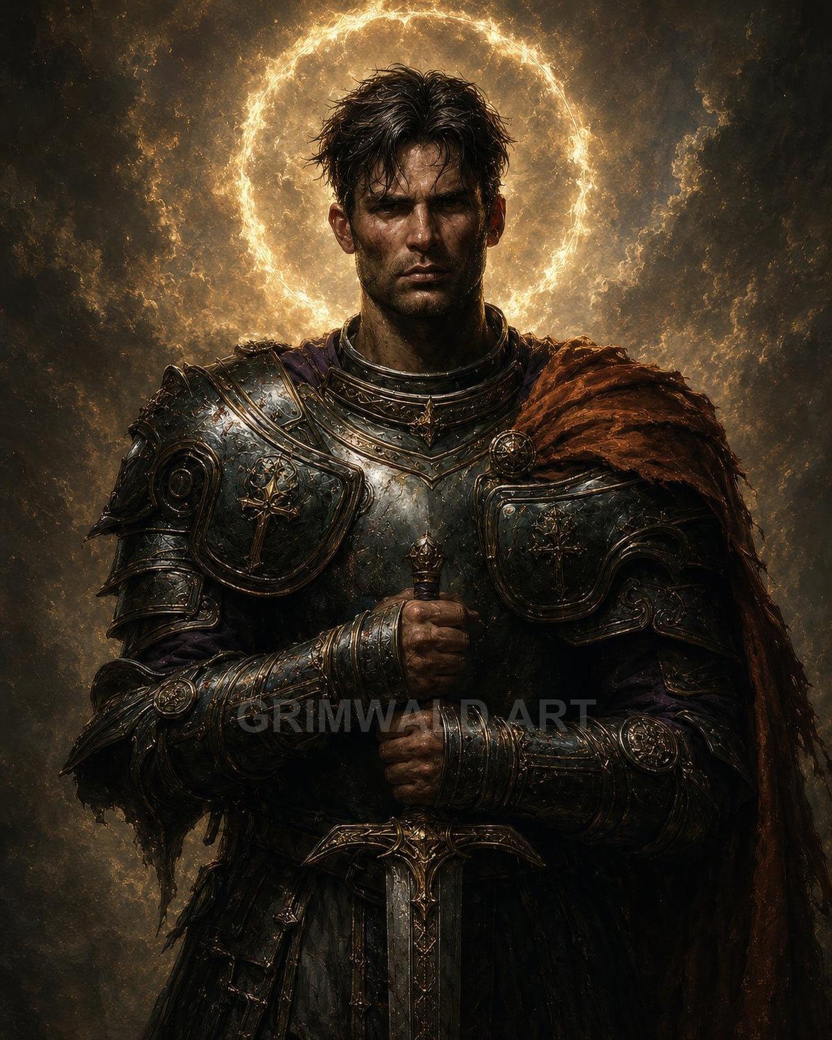 A stern, battle-worn knight in ornate plate armour grips a decorated sword, a bright fiery halo blazing behind his head amid dark clouds.