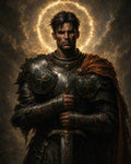 GRID THUMBNAIL — A stern, battle-worn knight in ornate plate armour grips a decorated sword, a bright fiery halo blazing behind his head amid dark clouds.