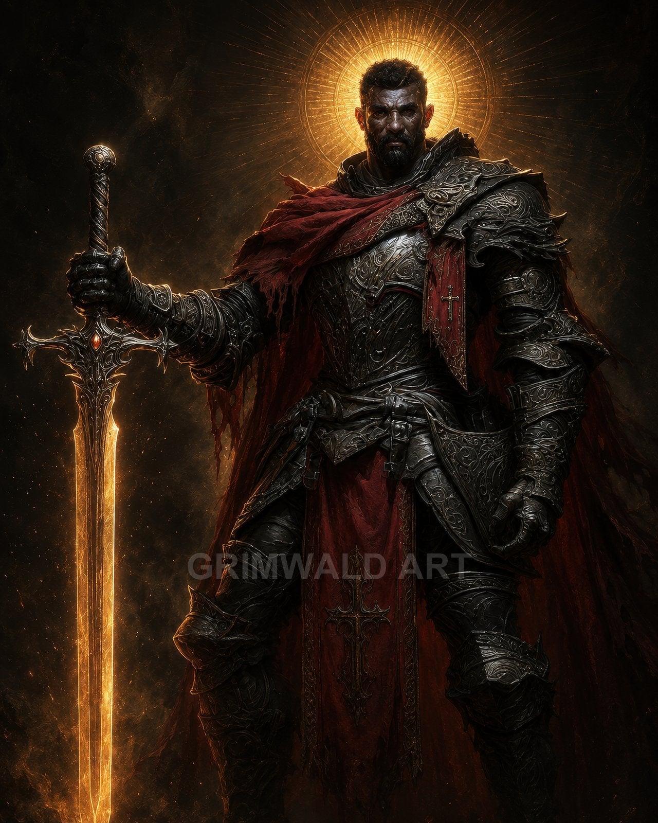 Armoured male paladin in ornate dark plate with tattered red cloak, glowing halo behind head, holding a radiant golden greatsword against a shadowy backdrop.