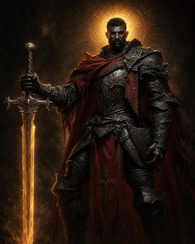 GRID THUMBNAIL — Armoured male paladin in ornate dark plate with tattered red cloak, glowing halo behind head, holding a radiant golden greatsword against a shadowy backdrop.