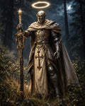 GRID THUMBNAIL — Armoured paladin with glowing halo holding ornate staff in a moonlit forest, gilded plate and cross-marked tabard amid misty grass.