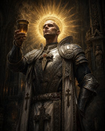 GRID THUMBNAIL — Armoured paladin in a cathedral raises an ornate chalice, encircled by a radiant halo, detailed engravings and crosses gleaming in golden firelit haze.