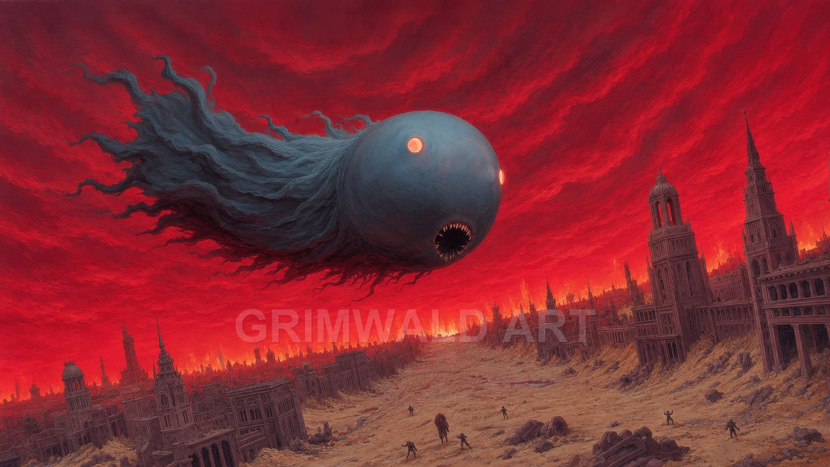 A colossal orb-like monster with glowing spiral eyes floats above a ruined gothic city under a blazing red, firelit sky, scattering tiny figures below.
