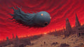 GRID THUMBNAIL — A colossal orb-like monster with glowing spiral eyes floats above a ruined gothic city under a blazing red, firelit sky, scattering tiny figures below.