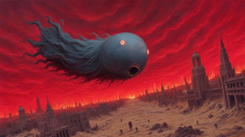 GRID THUMBNAIL — A colossal orb-like monster with glowing spiral eyes floats above a ruined gothic city under a blazing red, firelit sky, scattering tiny figures below.