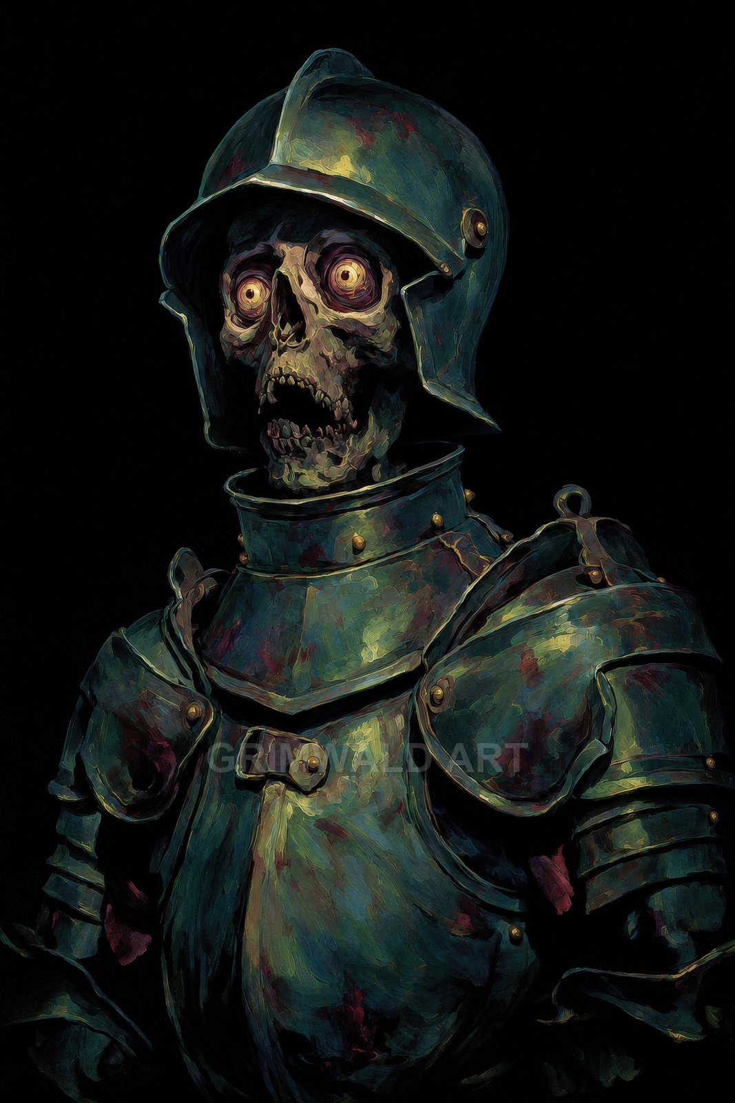 A skeletal knight in verdigris-stained plate armour stares wide-eyed against a black background, rendered in painterly dark fantasy portrait style.