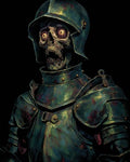 GRID THUMBNAIL — A skeletal knight in verdigris-stained plate armour stares wide-eyed against a black background, rendered in painterly dark fantasy portrait style.