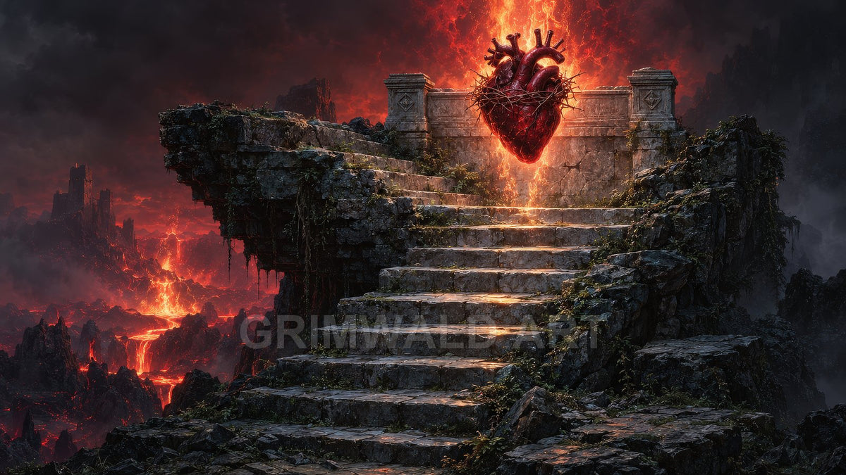 Crumbling stone steps lead to a ruined terrace before a blazing, floating anatomical heart, overlooking a lava-filled volcanic valley beneath dark storm clouds.