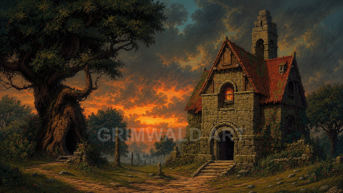 Stone cottage with a glowing window beside a gnarled tree at sunset, cobbled path and overgrown garden under dramatic orange clouds.
