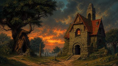GRID THUMBNAIL — Stone cottage with a glowing window beside a gnarled tree at sunset, cobbled path and overgrown garden under dramatic orange clouds.