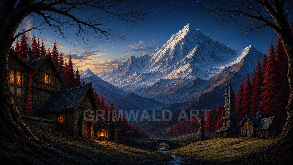 Snow-capped mountain towering over a red-wooded valley with a cosy stone cottage, village spires, arched bridge and stream at twilight.