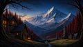 GRID THUMBNAIL — Snow-capped mountain towering over a red-wooded valley with a cosy stone cottage, village spires, arched bridge and stream at twilight.