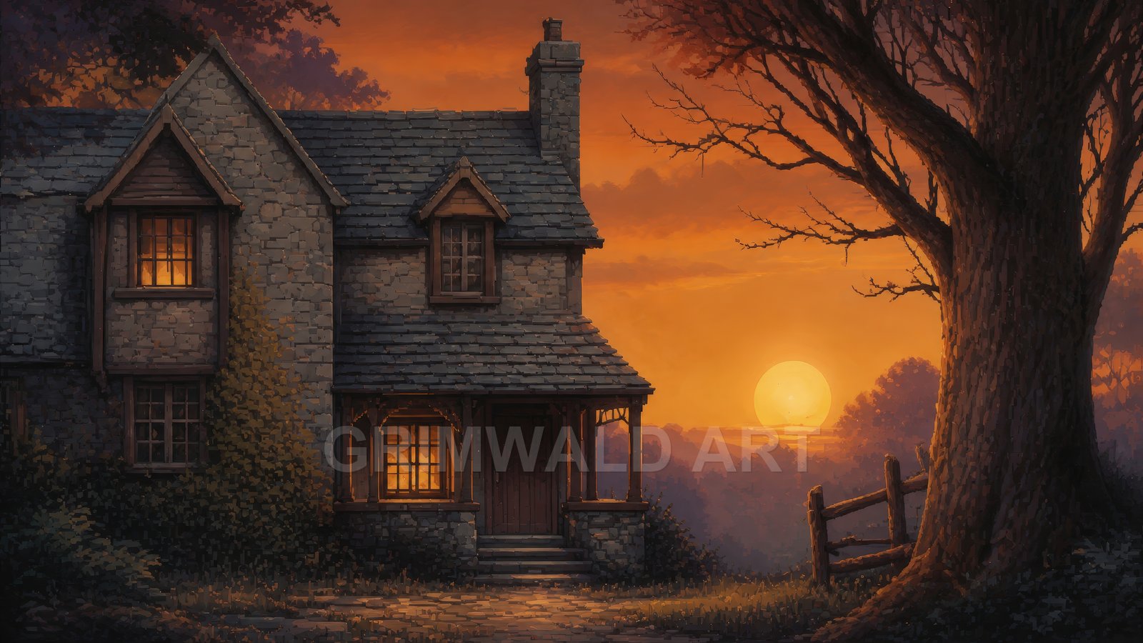 Stone cottage with glowing windows beneath a towering tree at sunset, orange sky over distant hills, rustic fence and cobbled path in the foreground.
