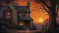 GRID THUMBNAIL — Stone cottage with glowing windows beneath a towering tree at sunset, orange sky over distant hills, rustic fence and cobbled path in the foreground.
