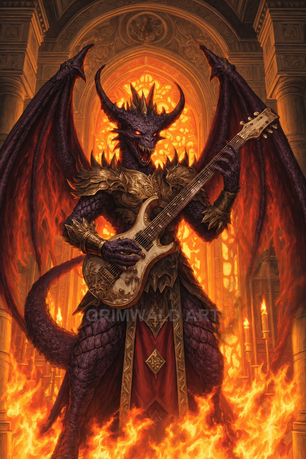 Armoured horned demon with vast bat wings plays an ornate electric guitar amid flames inside a grand gothic cathedral lit by fiery orange light.