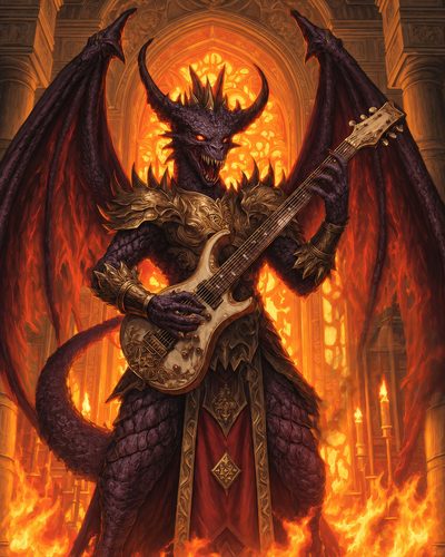 GRID THUMBNAIL — Armoured horned demon with vast bat wings plays an ornate electric guitar amid flames inside a grand gothic cathedral lit by fiery orange light.