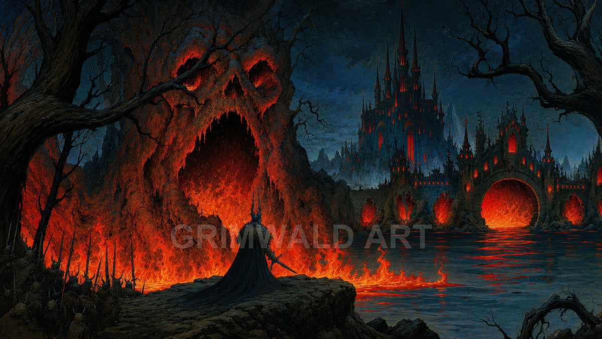 Dark fantasy landscape of a flaming skull-shaped cavern, lava river and towering gothic castle under night sky, with cloaked figure observing from rocky shore.