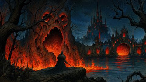 GRID THUMBNAIL — Dark fantasy landscape of a flaming skull-shaped cavern, lava river and towering gothic castle under night sky, with cloaked figure observing from rocky shore.