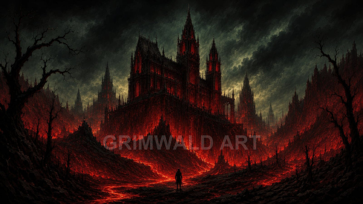 A towering gothic fortress glows red above a volcanic valley, rivers of lava winding under stormy skies with a lone figure in silhouette.