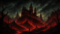GRID THUMBNAIL — A towering gothic fortress glows red above a volcanic valley, rivers of lava winding under stormy skies with a lone figure in silhouette.