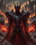 GRID THUMBNAIL — Armoured demon warlock with glowing red eyes conjures fire in both hands amid burning gothic ruins and swirling smoke, dark fantasy scene.