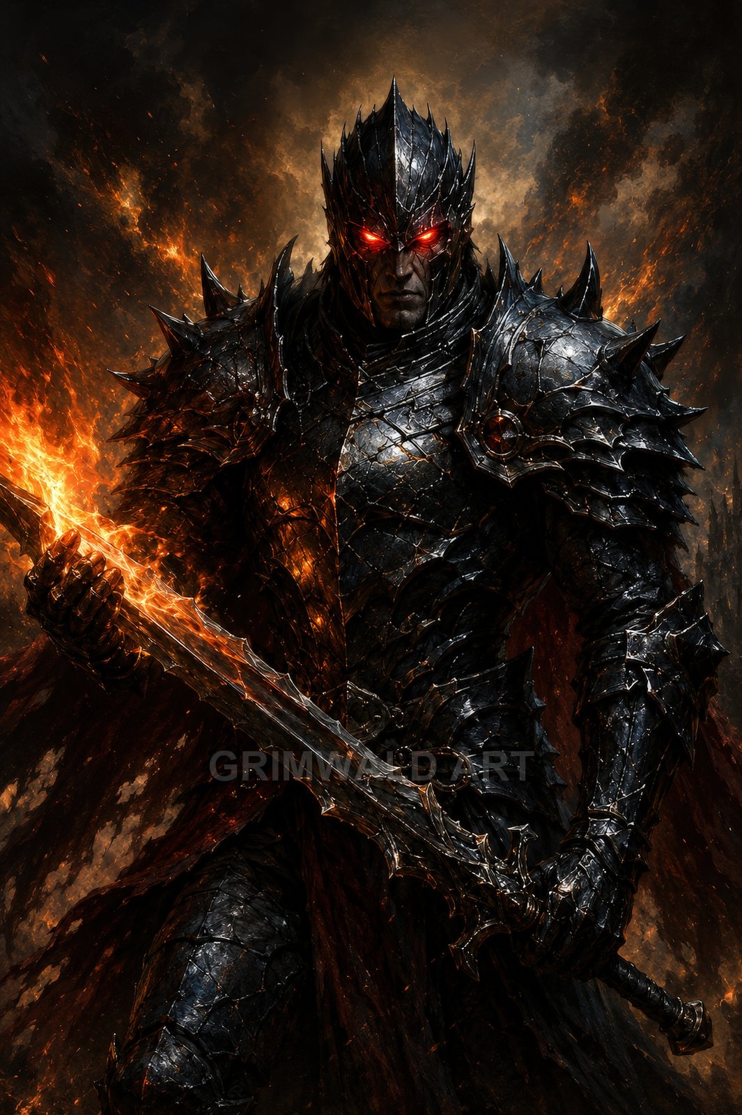 Armoured dark knight with glowing red eyes holds a flaming sword, clad in spiked black plate amid swirling fire and smoke, ominous atmosphere.