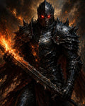 GRID THUMBNAIL — Armoured dark knight with glowing red eyes holds a flaming sword, clad in spiked black plate amid swirling fire and smoke, ominous atmosphere.