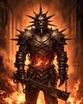 GRID THUMBNAIL — Armoured demon with skull-faced helm and spiked crown stands amid roaring fire, chains coiled on gauntlets, lava-glowing chest, wielding a massive sword.