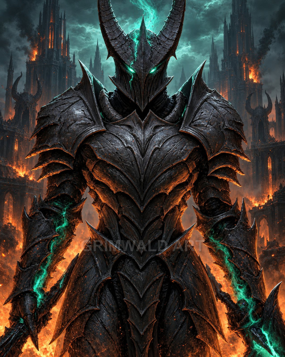 Towering horned demon knight in black spiked armour with glowing teal energy and twin swords, standing before a burning gothic citadel.