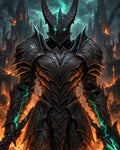 GRID THUMBNAIL — Towering horned demon knight in black spiked armour with glowing teal energy and twin swords, standing before a burning gothic citadel.