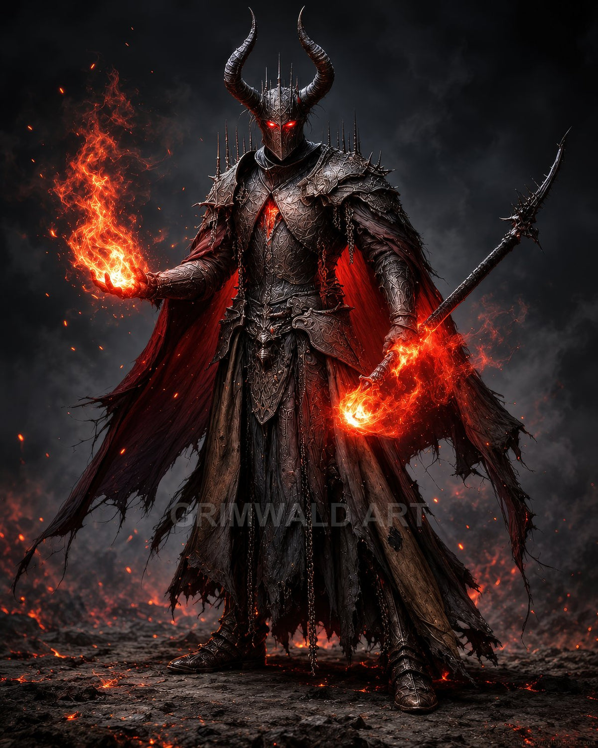Horned armoured demon stands on charred ground, red eyes blazing, conjuring fire and wielding a flaming barbed spear amid drifting smoke and embers.